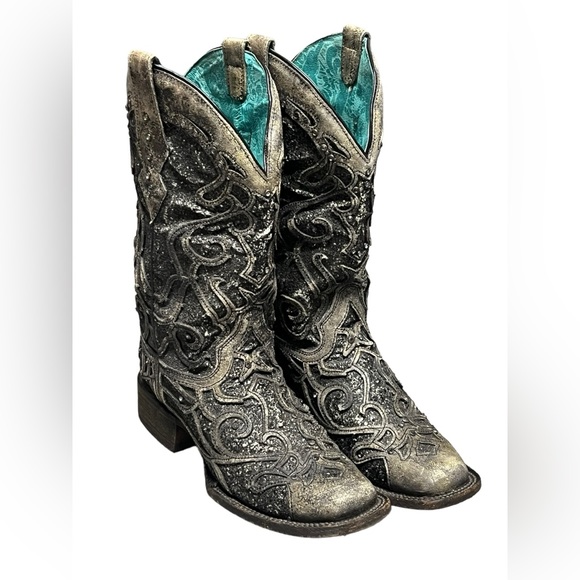 Women’s CORRAL grey sequin glitter inlay square toe cowgirl boots size 9 1/2 - Picture 4 of 15